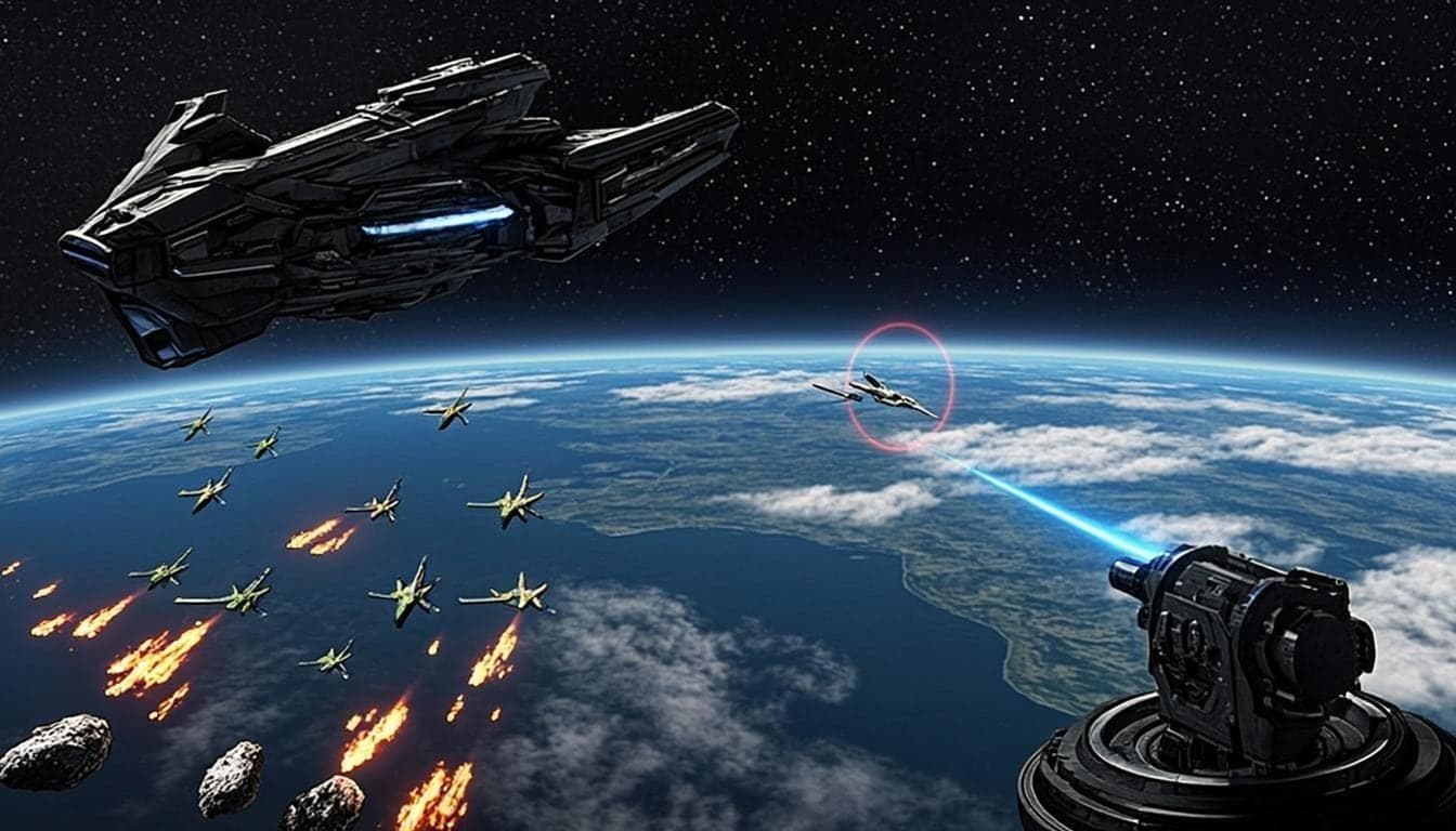 Gaia Frontier: After Contact — Earth under alien siege, defended by an orbital turret, cinematic key art